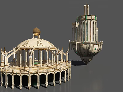 Ancient Themed 3D Architectural Models With Domed Pavilion And Tower Structure 3d model