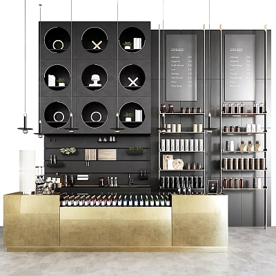 Elegant Modern Bar Counter With Gold Top Black Circular Shelves And Wine Bottles 3d model
