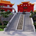 Traditional Ancient Architecture With Red Walls Yellow Roofs Stone Steps And Pine Trees