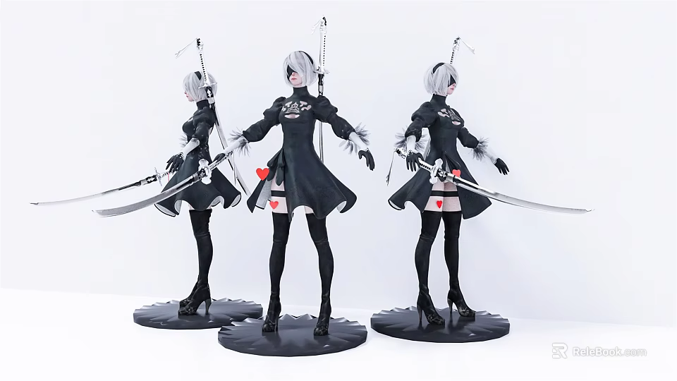 Anime Collectible Figures In Different Poses With Black Outfit White Hair And Long Swords 3d model 