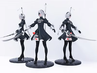 Anime Collectible Figures In Different Poses With Black Outfit White Hair And Long Swords 3d model