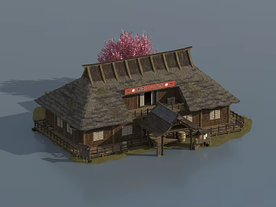 Traditional Japanese Wooden House With Thatched Roof And Pink Cherry Blossom Tree 3d model