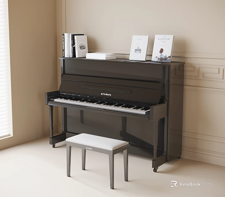 Black Upright Piano Interior With Stool And Books On Top In Minimalist Room 3d model 