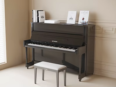Black Upright Piano Interior With Stool And Books On Top In Minimalist Room 3d model