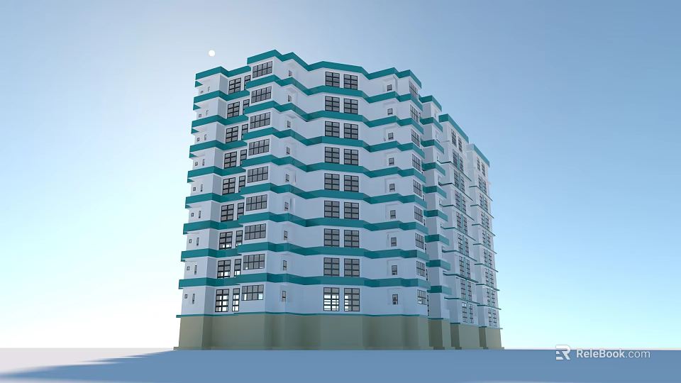 Modern Multi Story Residential Building With White Exterior Teal Accents And Numerous Windows 3d model 