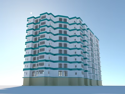 Modern Multi Story Residential Building With White Exterior Teal Accents And Numerous Windows 3d model