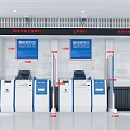 Public Facility Smart Service Area With Self Service Terminals Blue Signs Display Screens In Bank