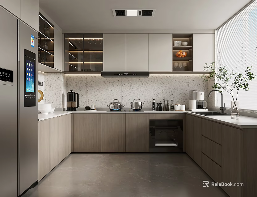 Modern Kitchen Interior With Gray Wooden Cabinets Open Glass Door Cabinets And Appliances On Countertop 3d model 