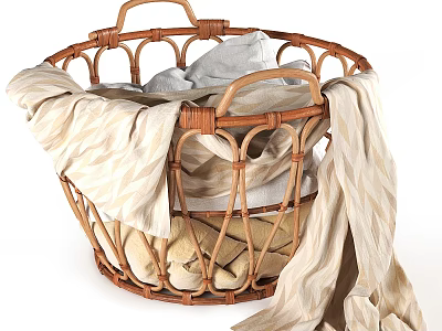 Wicker Basket Decorative Storage Set With Light Colored Fabrics For Home Decor 3d model