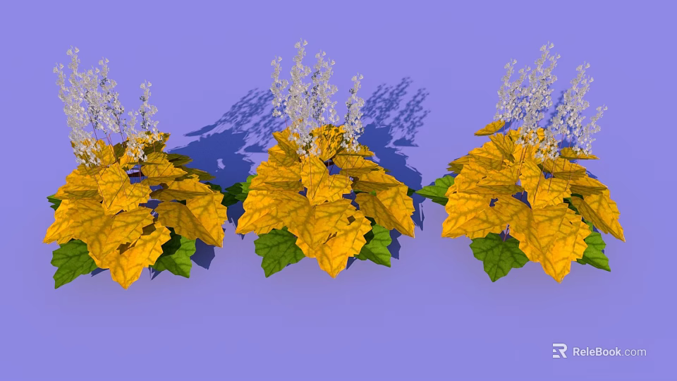 Vibrant Decorative Plants With Yellow Leaves And White Flowers On Purple Background 3d model 
