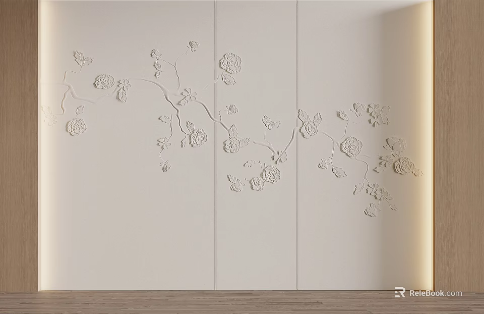 White Background Wall with Embossed Rose and Leaf Patterns Three Panel Design Wooden Base Trim 3d model 