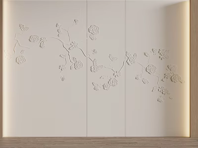 White Background Wall with Embossed Rose and Leaf Patterns Three Panel Design Wooden Base Trim 3d model