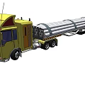 Yellow Utility Truck With Long Trailer Carrying Cylindrical Pipes on Road