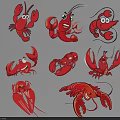 Red Cartoon Lobster Wall Decor With Multiple Different Poses And Playful Design 3d model