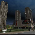 Evening Commercial Street Featuring Shopping Mall Tall Buildings Billboards Street Lamps Benches And Green Plants