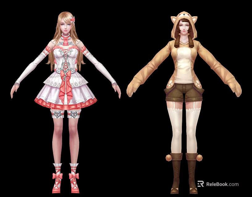 Game Anime Characters In White Pink Lace Dress And Brown Hooded Coat With Cat Ears 3d model 
