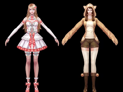 Game Anime Characters In White Pink Lace Dress And Brown Hooded Coat With Cat Ears 3d model