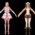 Game Anime Characters In White Pink Lace Dress And Brown Hooded Coat With Cat Ears