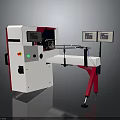 Modern Industrial Equipment Featuring White Body Red Legs Display Screens Control Panel And Mechanical Arm