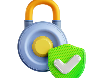 Blue Lock Design With Orange Handle Yellow Button Green Shield And White Checkmark 3d model