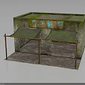 Old Concrete Shed With Mossy Roof Faded Blue Orange Graffiti Green Awnings Rusty Metal Frames