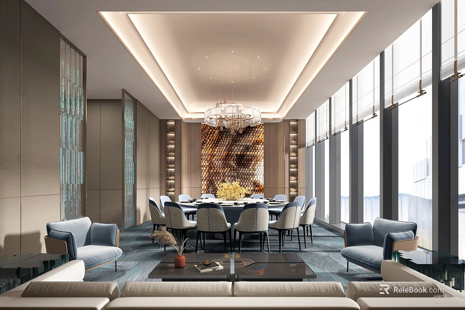 Luxurious Private Dining Room With Round Table Chandelier Sofas And Large Windows 3d model 