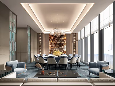 Luxurious Private Dining Room With Round Table Chandelier Sofas And Large Windows 3d model