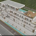 Modern Multistory Guesthouse Building With Multiple Balconies Lush Greenery And Front Lawn
