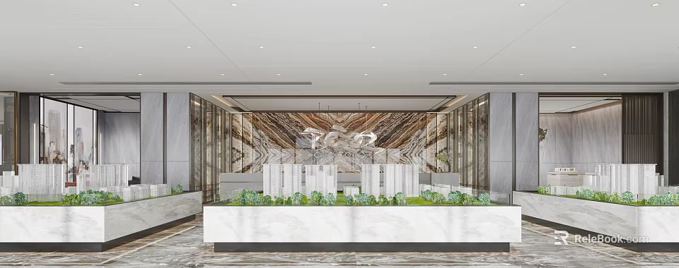 Modern Luxury Sales Office Interior With Marble Wall Building Model Display And Green Plants 3d model 