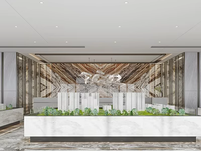 Modern Luxury Sales Office Interior With Marble Wall Building Model Display And Green Plants 3d model