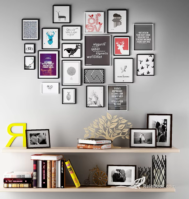 Decorative Wall With Various Photo Frames And Shelf Featuring Books Letter Decor 3d model