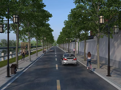 Modern Urban Road Infrastructure With Lined Street Lamps Green Trees And Pedestrian Sidewalks 3d model