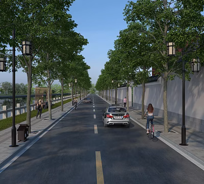 Modern Urban Road Infrastructure With Lined Street Lamps Green Trees And Pedestrian Sidewalks 3d model