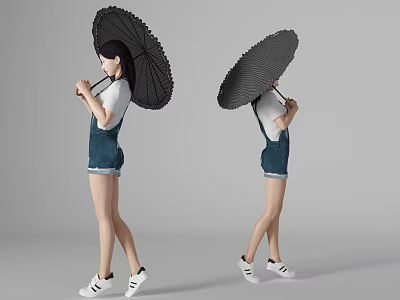 Woman In White T Shirt And Denim Overalls Shorts Holding Black Umbrella 3d model