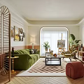 Elegant Living Room Interior With Green Sofa Decorative Paintings Natural Light And Plant