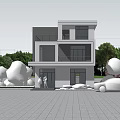 Modern Detached Villa Exterior Design With Large Windows Balcony Parked Car And Trees