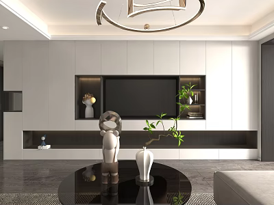 Modern Living Room TV Background Wall With White Panels Built-in TV Green Plants And Sculpture 3d model