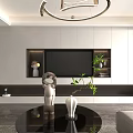 Modern Living Room TV Background Wall With White Panels Built-in TV Green Plants And Sculpture
