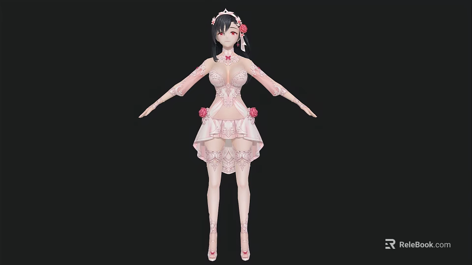 Elegant Woman In Pink Lace Dress With Floral Headpiece And Standing Pose 3d model 