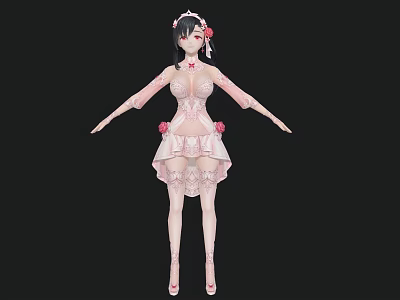 Elegant Woman In Pink Lace Dress With Floral Headpiece And Standing Pose 3d model