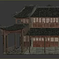 Traditional Chinese Architecture with Curved Eaves Grey Tile Roof and Wooden Structure Courtyard Design