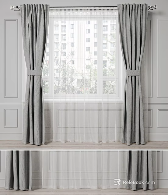 Gray Curtains With Tie Backs And Sheer Panels For Modern Home Window 3d model 