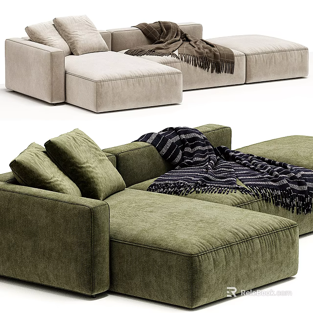 Modern Beige And Green Sectional Sofa With Velvet Upholstery Throw Blankets And Cushions 3d model 