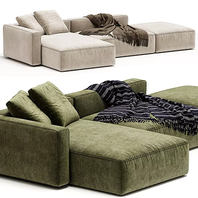 Modern Beige And Green Sectional Sofa With Velvet Upholstery Throw Blankets And Cushions 3d model