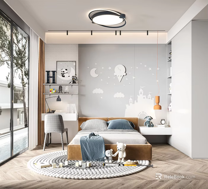 Playful Kids Bedroom Interior Design With Moon Cloud Castle Wall Decals Bed Desk And Chair 3d model 