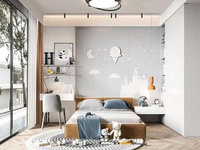 Playful Kids Bedroom Interior Design With Moon Cloud Castle Wall Decals Bed Desk And Chair 3d model