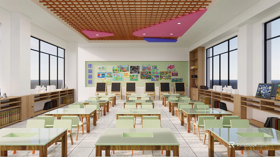 Modern School Classroom With Spacious Layout Desks Chairs Student Artworks And Large Windows 3d model 
