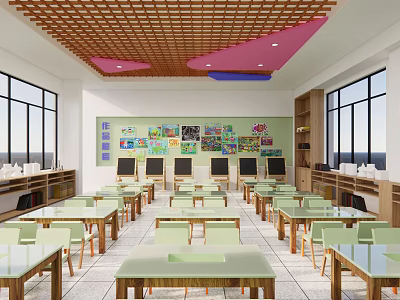 Modern School Classroom With Spacious Layout Desks Chairs Student Artworks And Large Windows 3d model