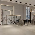 Modern Chinese Tea House Interior With Wooden Shelves Tea Display And Tables Chairs