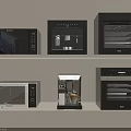 Modern Kitchen Appliances Display Featuring Microwave Coffee Machine And Oven On Shelves